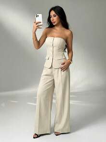 SHEIN PETITE 1 Set Solid Color Fitted Camisole Top And Elegant Pants Suit In Fall/Winter - Apricot - View 3