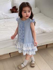 DAZY Baby Girl Round Neck Cap Sleeve Plaid Embroidered Ruffle Hem Cute Dress Toddler Girls Clothes - Yellow - View 3