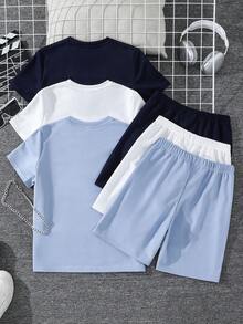 SHEIN 6件套青少年男童舒适休闲金属项链装饰圆领短袖T恤、短裤两件套高性价比套装，适合外出、街拍、派对、居家休闲等场合。 - 藏蓝色 - 查看 2