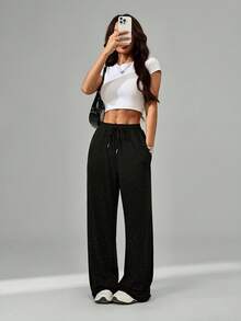 SHEIN Tall Starry Sky Elastic Waist Loose Straight Wide Leg Pants Fall Cloth For Women - Black - View 7