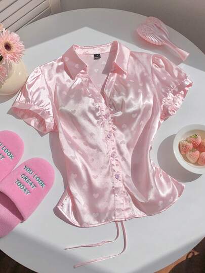 Comfortcana Women's V-Neck Satin Peach Heart Jacquard Short Sleeve Ruched Bow Tie Blouse, Suitable For Casual, Daily, Commute, Comfortable, Sweet Street, Date, Afternoon Tea Wear, Spring/Summer