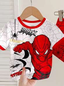 SHEIN 2pcs Baby Boy Casual Minimalist Round Neck Short Sleeve Shorts Set, Suitable For Summer, Classic Spider Web & Spider Hero Graphic Print - Multicolor - View 4