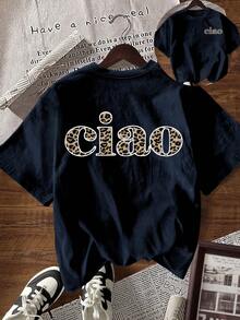 Glissea 女士豹纹字母图案休闲百搭日常短袖T恤 - 藏蓝色 - 查看 1