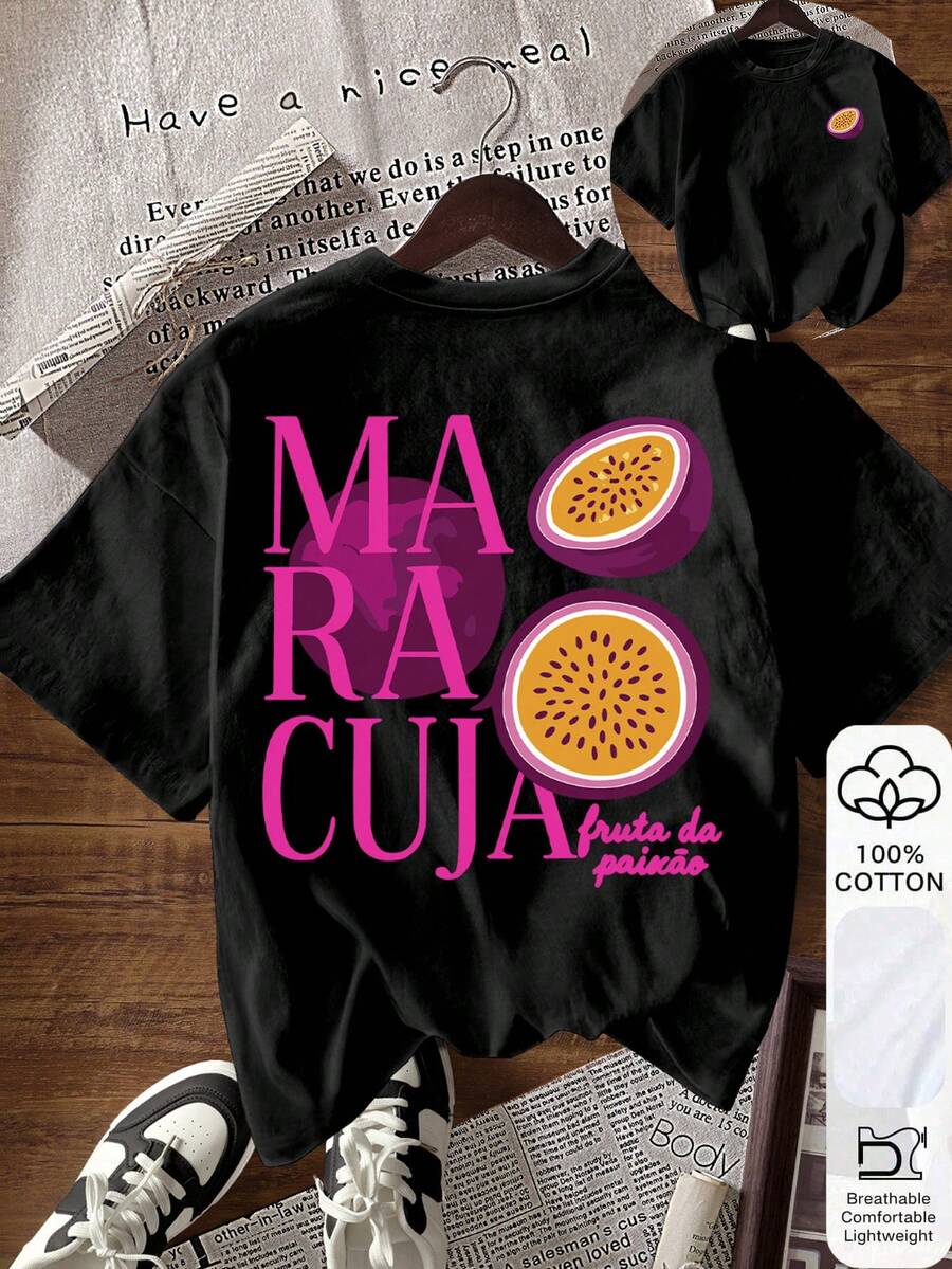 SHEIN 女士字母印花圆领短袖休闲百搭T恤 - 黑色 - 查看 1