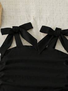 年轻女孩优雅纯色修身甜美蝴蝶结系带肩侧褶皱吊带背心，母女及姐妹装 - 黑色 - 查看 5