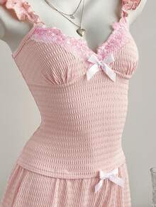 Elamini Frühlings-/Sommer-süßer, niedlicher, sexy V-Ausschnitt Rüschen-Träger Camisole, Schleife Spitzenstruktur Camisole und Shorts 2-teiliges Set - Pink - Übersicht 3
