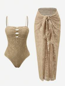 Swim Oasis 2026 SUMMER NEW  Women's Textured Fabric Metallic Hollow-Out 2 Pieces Set 2pcs/Set Summer Vacation Sexy Underwire Backless Spaghetti Strap Women One-Piece Swimsuit & Sarong Maxi Skirt Two Pieces Set Crochet Two Pieces Set Brown Two Pieces Set Women Two Pieces Set Women Bikini Cover Up Set Brown Formal Skirt Brown Wedding Guest Skirt Rose Gold Skirt Women Earth Tone Skirt Bronze Skirt Beach Outfits, Music Festival Outfits, Vacation Outfits, Seaside Dates, Holiday Outfits, Sexy, Elegant, Casual Outfits, Beach Party Outfits, Pool Party Outfits - Khaki - View 5