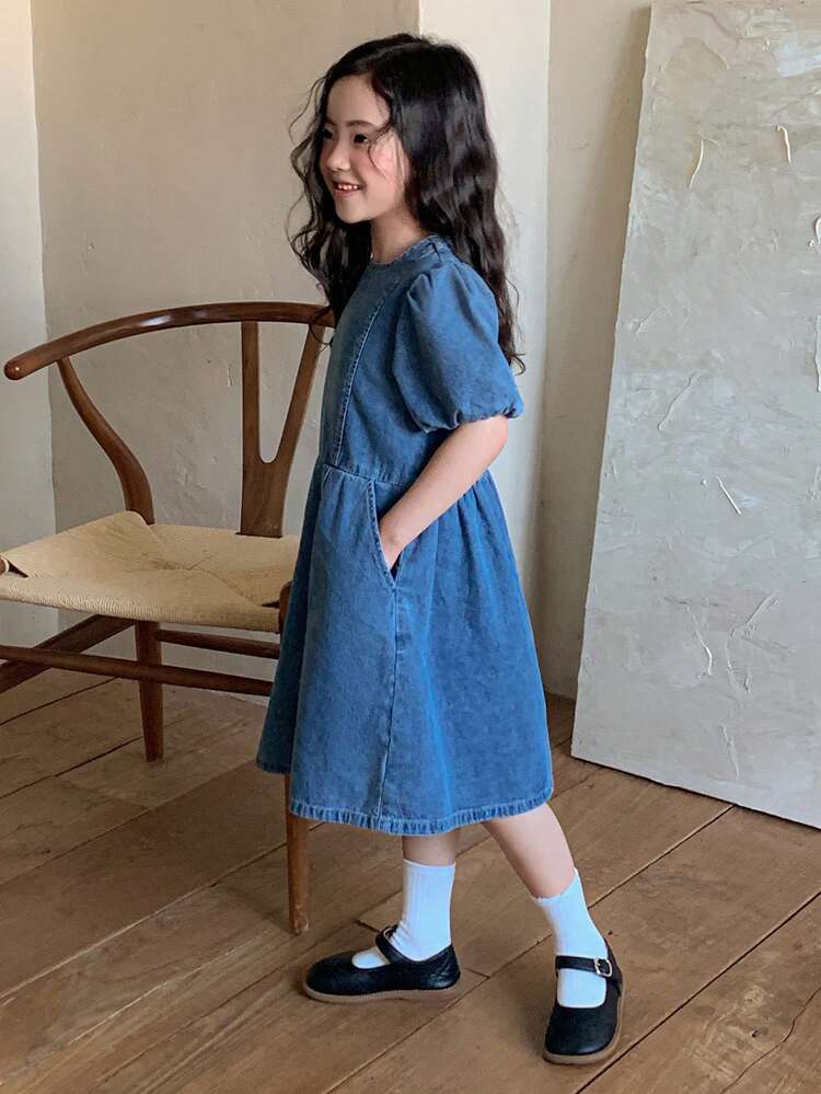 Young Girls Round Neck Puff Sleeve Denim Dress