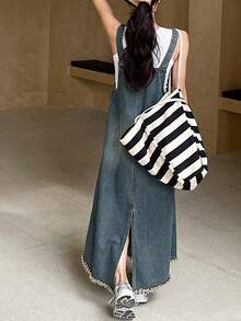 DAZY Teen Girl Casual Everyday Commute Minimalist Versatile Patchwork Pocket Frayed Hem Loose Denim Pinafore Dress, Spring/Summer/Autumn - Blue - View 6