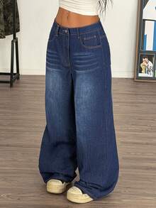 Muchica Women's Low-Rise Wide-Leg Blue Jeans With Letter Print On The Back; A Casual Y2K Summer Outfit. - Dark Wash - View 3