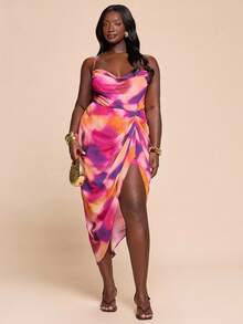 SHEIN BAE Plus Size Women's Tie-Dye Print Mesh Ruched Spaghetti Strap Camisole Dress,Side Slit Hem Pink Summer Beach Holiday Vacation,Y2k Club Outfits - Multicolor - View 3