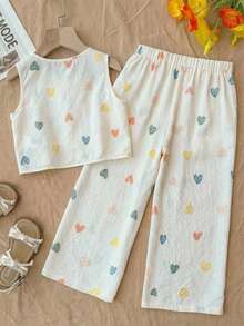SHEIN Conjunto de 2 piezas de top sin mangas con volantes en forma de corazón y pantalones 3/4 para niñas, adecuado para salidas y vacaciones - Multicolor - Ver 2