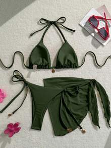 Swim Vcay 女士纯色金属吊坠露背系带性感比基尼三件套，海滩度假 - 綠色 - 查看 2