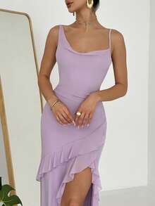Firerie Women's New Lavender Asymmetrical Ruffle Hem High Slit Plunging Backless Fitted Maxi Dress, Romantic Date Night Gown For Spring/Summer Vacation - Purple - View 8