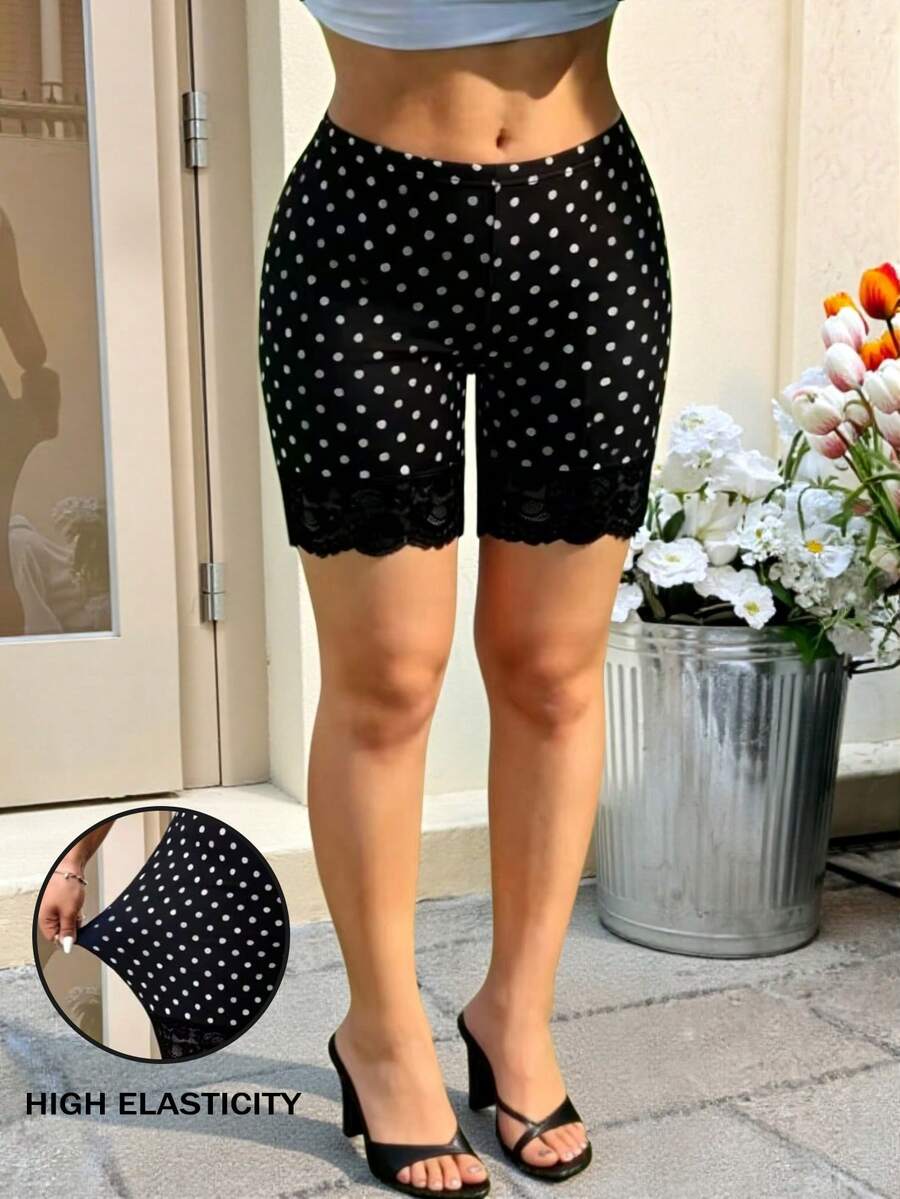 SHEIN Elenzya Quần short nữ cỡ lớn kiểu dáng thường ngày mùa hè, phối ren, chấm bi, cạp cao, ôm sát, không đường may, thích hợp cho tập gym, đạp xe, đi học, hoặc mặc cùng đồng phục giáo viên. - màu đen - Xem 1