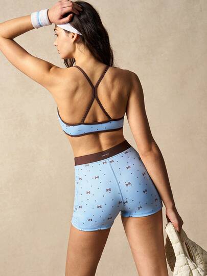 VARSIVA Polka Dot Blue And Brown Color-Blocked Sports Set, Casual Women Set, Going Out Set, Spring Set, Summer Set, Sports Bra And Shorts Tracksuit, Polka Dot Bow Pattern Women's Tracksuit, Spring/Summer Women's Tracksuit, Suitable For Sports And Fitness, Yoga, Pilates, Running, Casual, Going Out, Spring And Summer.