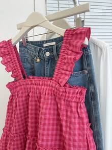SHEIN 少女无袖荷叶边背心，优雅休闲百搭，适合度假、旅行、日常休闲穿着和上学穿着。 - 玫紅色 - 查看 4