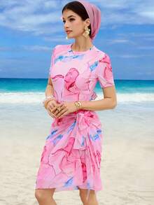 Swim Shayni Bộ đồ bơi Burkini 3 món phong cách Bohemian in họa tiết đá cẩm thạch dành cho nữ: Áo tắm + Quần short + Váy lưới, thích hợp cho mùa hè. - Hồng - Xem 5