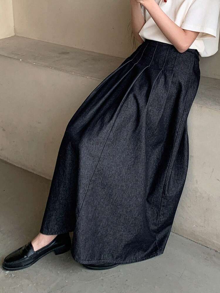 Teen Girl Casual Solid Color Pleated Denim Mini Skirt