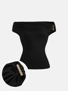 SHEIN Girlism 不对称肩部针织T恤，黑色，时尚独特，适合春夏、秋冬叠穿 - 黑色 - 查看 1