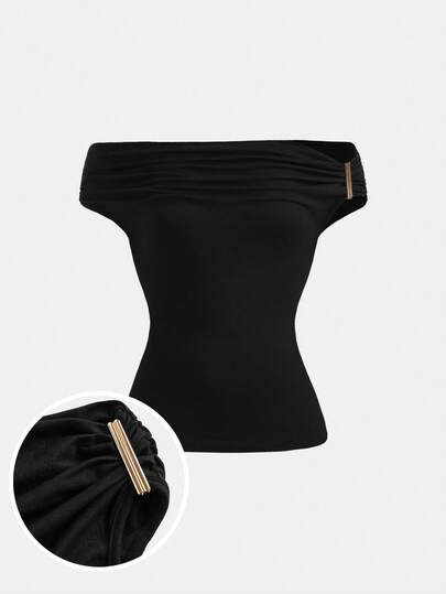 SHEIN Girlism 不对称肩部针织T恤，黑色，时尚独特，适合春夏、秋冬叠穿