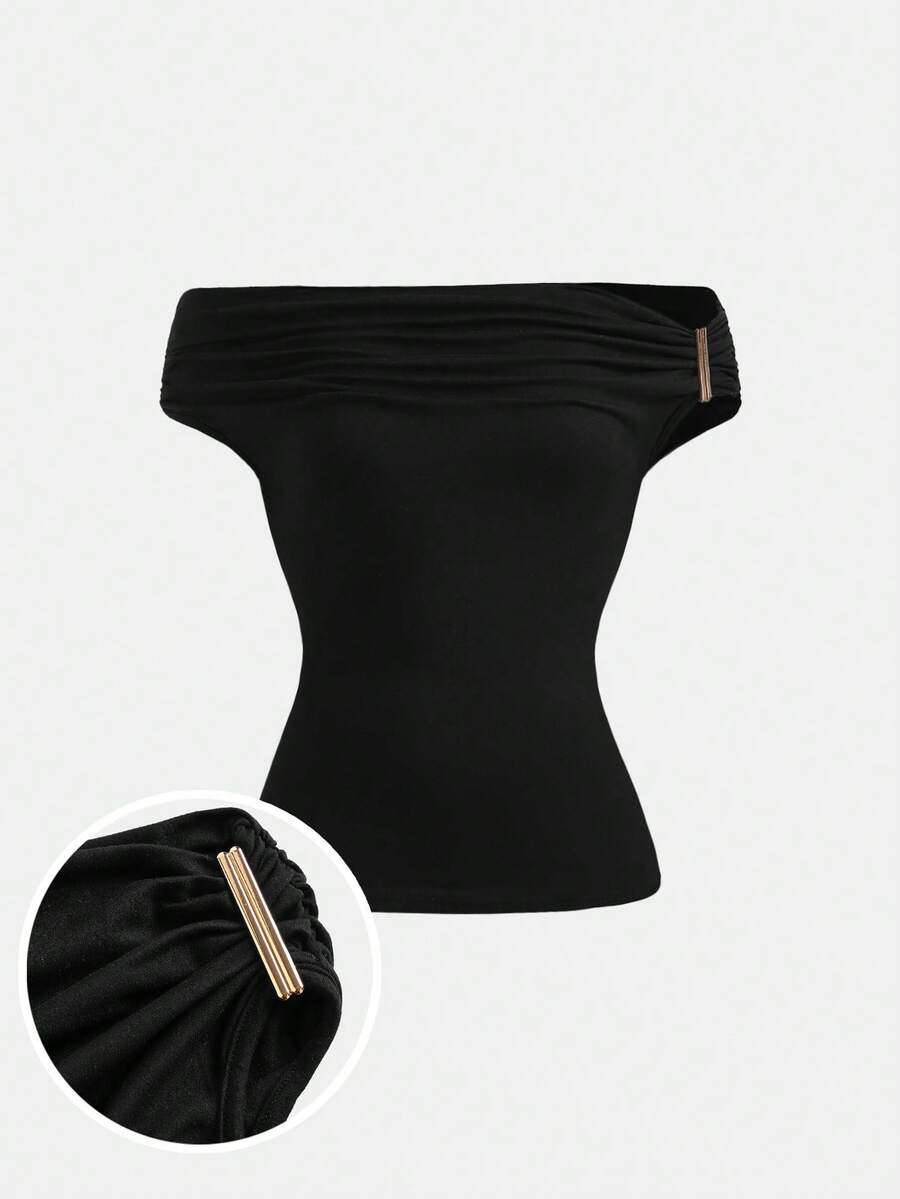 SHEIN Girlism 不对称肩部针织T恤，黑色，时尚独特，适合春夏、秋冬叠穿 - 黑色 - 查看 1