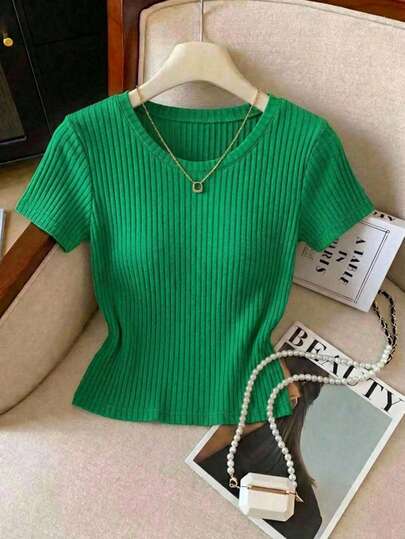 Top con Textura de Rayas, Cuello Redondo y Manga Corta de Color Sólido