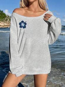 SHEIN EZwear 休闲运动风数码压纹蓝色芙蓉花图案露肩宽松长袖卫衣，适合早春穿着 - 淺灰色 - 查看 6