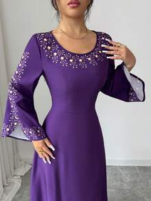 SHEIN Elenzya Vestido elegante y sofisticado para mujer con estampado de posicionamiento, manga larga, cuello redondo y silueta evasé - Morado - Ver 5