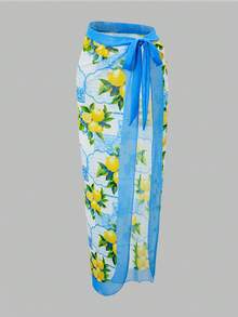 SHEIN Swim Oasis 女士柠檬印花连体泳衣罩衫及半身裙套装，度假沙滩装 - 彩色 - 查看 8