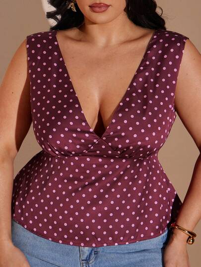SHEIN BAE Plus Size Women's Wine Red Polka Dot V-Neck Satin Blouse, Beach Resort Vacation Camisole Top,Summer,Spring Outfit Women,Easter Outfit Women,Party,Top For Wedding Guest,Bridesmaid Top,Graduation,Casual Outfit ,Vacation Outfits Women,Summer Holiday Outfits,Y2k,Office Attire For Women,Festival,St Patrick's Day,Going Out,Beach,Top For Women Plus Size,Curve,Plus Size,Elegant Party Top,Top For Wedding Guest,Graduation Outfit For Mother,Casual,Holiday Outfits,Y2k