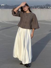 Kuleshova Elegant Retro French Style Women's Romantic Date Luxury High-End Design Herringbone Round Neck Cropped Balloon Sleeve Cinched Waist Matel Button Blazer Jacket - Multicolor - View 1