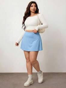 Enliva Plus Size Women's Solid Color Basic A-Line Casual Short Skirt (With Leggings), Friendly To Round Body Curves, For Apple And Rounded Body Shape Fall - Blue - View 4