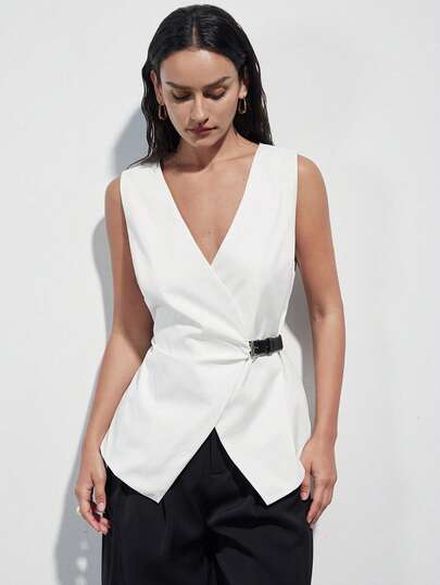 Aveloria Modichic New French Minimalist Design Sleeveless V-Neck Vest Top, Leather Button Decor, Casual Versatile Women Suit Vest