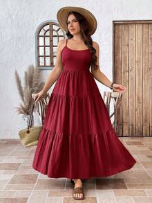SHEIN LUNE Plus Size Women Burgundy Summer Dress,Boho Beach Holiday Sleeveless Backless Adjustable Open Back Cinched Waist Casual Vacation Graduation Sundress - Burgundy - View 5