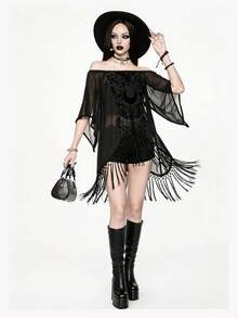 ROMWE Áo xuyên thấu trễ vai với đường viền tua rua bất đối xứng, phong cách Boho Goth màu Rừng Cấm Tối. - màu đen - Xem 1