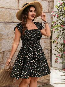 Breezaya Plus Size Women's Black Square Neck Flutter Sleeve Casual Ditsy Floral A-Line Dress, Waist Cinched Boho Summer Picnic Holiday Vacation Country Look - Multicolor - View 3