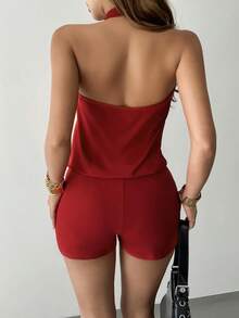 Islaluna Women's Backless Halter Neck Romper Unitard - Burgundy - View 2