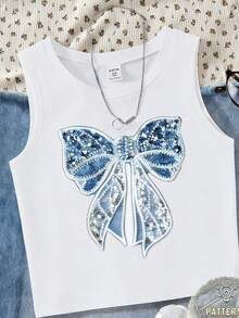 SHEIN Áo hai dây in hình bướm phong cách mùa hè, bohemian, mềm mại, dành cho bé gái tuổi teen, thoải mái và giản dị cho mùa xuân/hè, thiết kế thời trang đa năng phù hợp cho hoạt động ngoài trời, dã ngoại, chụp ảnh đường phố, ở nhà, đi học, lễ hội, làm quà tặng, áo hai dây thắt nơ cho bé gái, áo tank top thắt nơ. - trắng - Xem 3