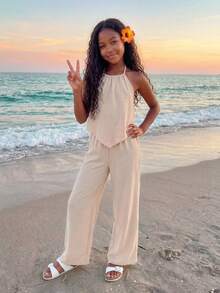 SHEIN SLAYR KIDS Tween Girls Vacation Casual Plain Sleeveless Top & Wide Leg Pants Set - Khaki - View 6