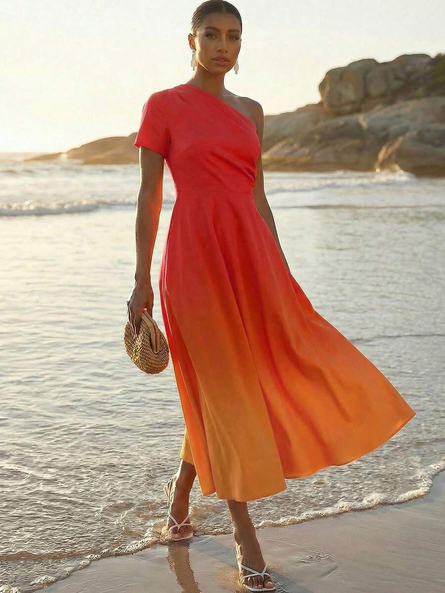 Amorya 女士渐变短袖连衣裙 女士夏季连衣裙 女士夏季套装 女士休闲连衣裙 女士日落连衣裙 女士度假连衣裙 - 橘色 - 查看 1