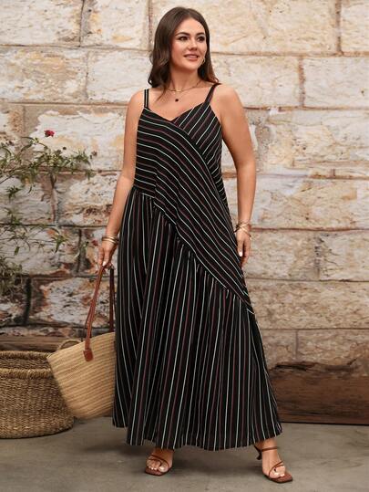EMERY ROSE 小众法式/慵懒度假风拼接条纹吊带背心加大码连衣裙