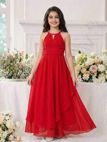 SHEIN Tween Girl Spring/Summer Elegant Beaded Chiffon Dress Red Tween Girl - Red - View 2