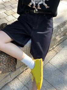 DAZY 少女夏季休闲水洗阔腿牛仔短裤 - 深色水洗藍 - 查看 7