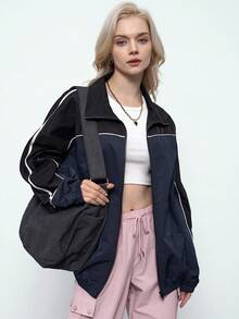 DAZY 字母图案撞色滚边拉链夹克，秋装 - 藏蓝色 - 查看 1