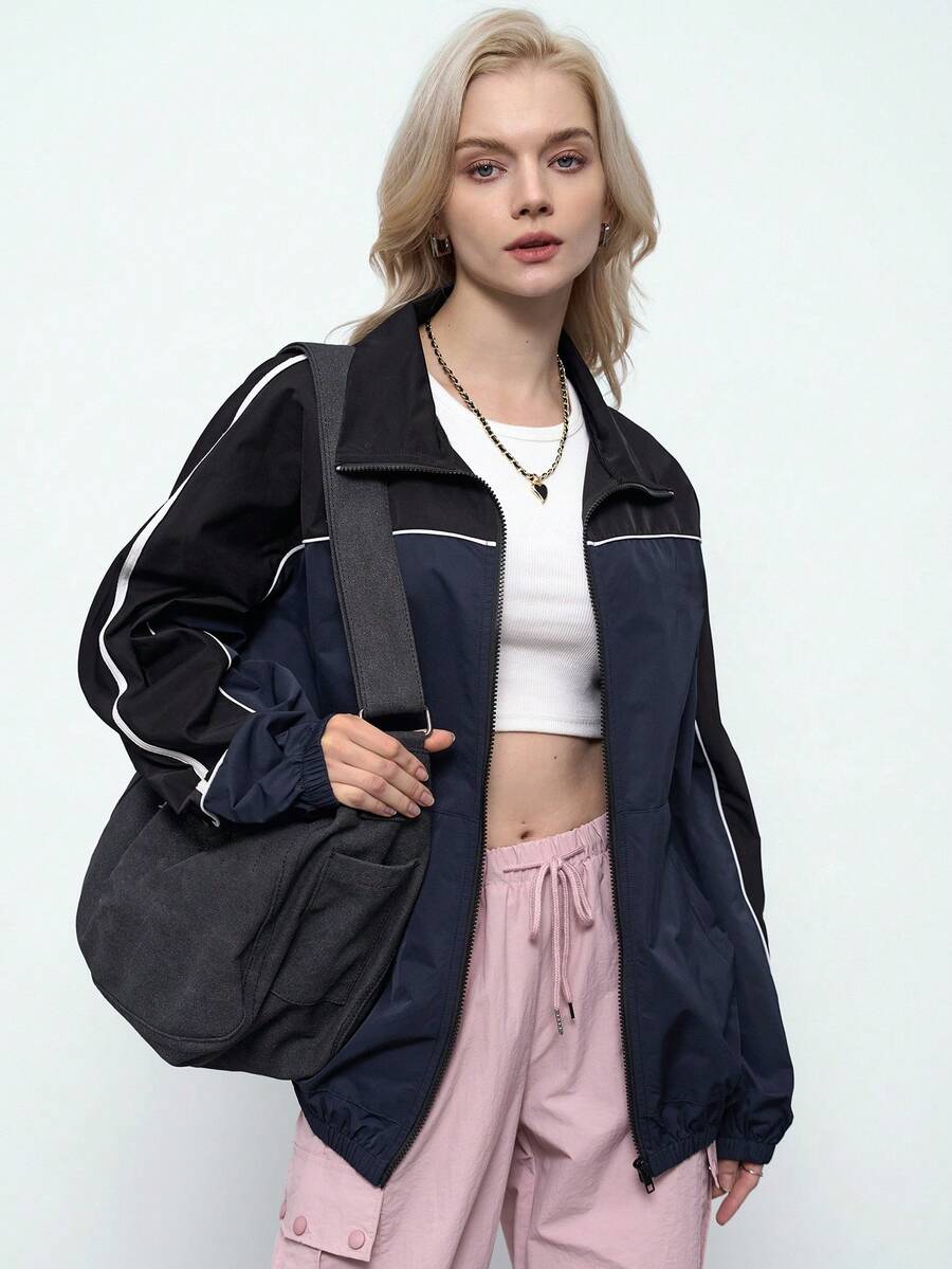 DAZY 字母图案撞色滚边拉链夹克，秋装 - 藏蓝色 - 查看 1