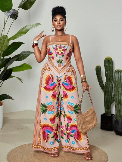 Maweii Plus Size Women's Tropical Plant Abstract Print Camisole Design With Elastic Waist Asymmetrical Hem Wide Leg Pants Set, Fashionable Versatile For Vacation, Beach, Sunbathing, Party, Date Night, Valentine's Day