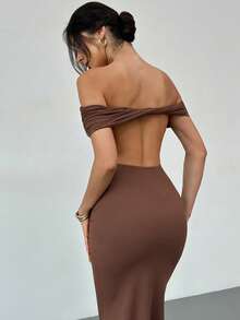 Firerie Elegant Women's Sexy Off Shoulder Backless Tight Dress, Suitable For Spring/Summer Occasions Such As Weddings, Parties, Birthdays, Music Festivals, Vacations - Brown - View 6