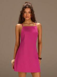 Athîral Summer Casual Spaghetti Strap Backless Pink Mini Denim Dress, Suitable For Vacation, Outing, Beach - Pink - View 4