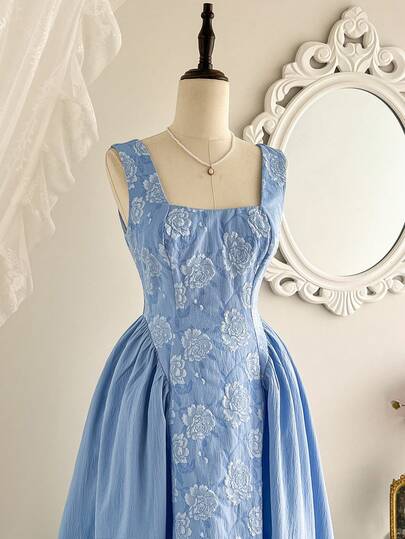 Vintamour Vintage Classic Elegant Women's Dress, Spring/Summer Fitted Patchwork Dress, Jacquard Flared Dress, Blue Square Collar Dress